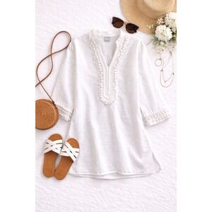 Chico's Linen Blend Embellished Tunic Blouse Size 3 Resort Chic Quiet Luxury